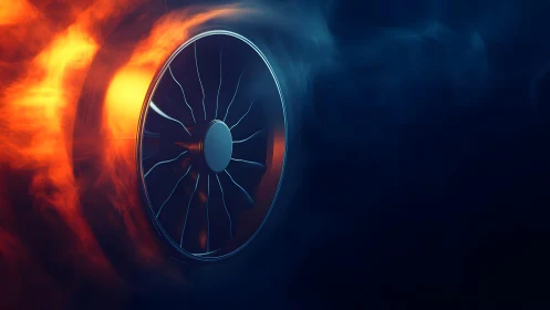 Jet engine turbine in dramatic lighting with vivid fire and smoke.