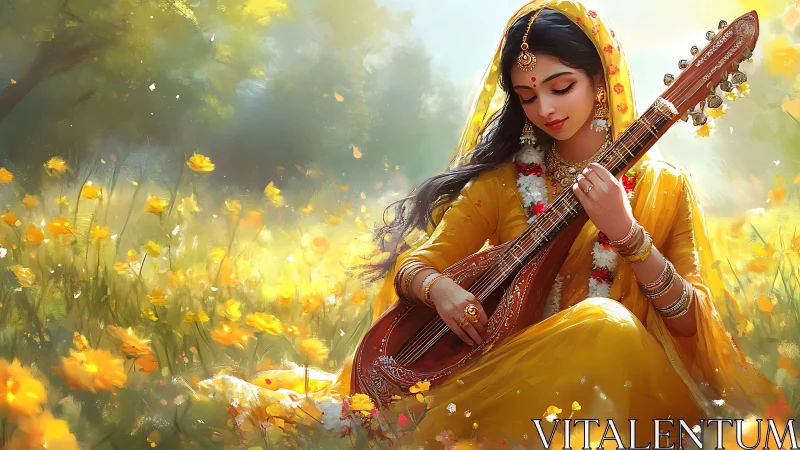 Woman in yellow saree plays stringed instrument in field