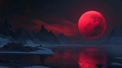 Red moon dominates icy alien coastline at night sky