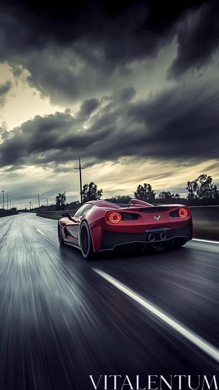 Red sports car accelerates on wet highway under storm clouds
