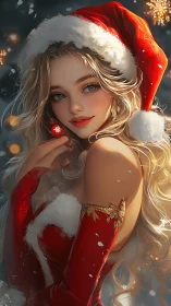 Christmas muse in red velvet dress under soft snowfall.