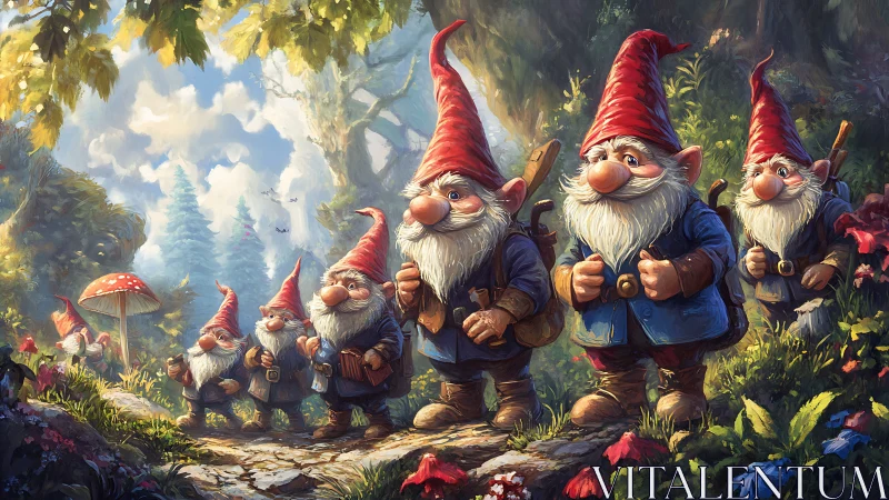 Forest gnome caravan crossing sunlit woodland path.