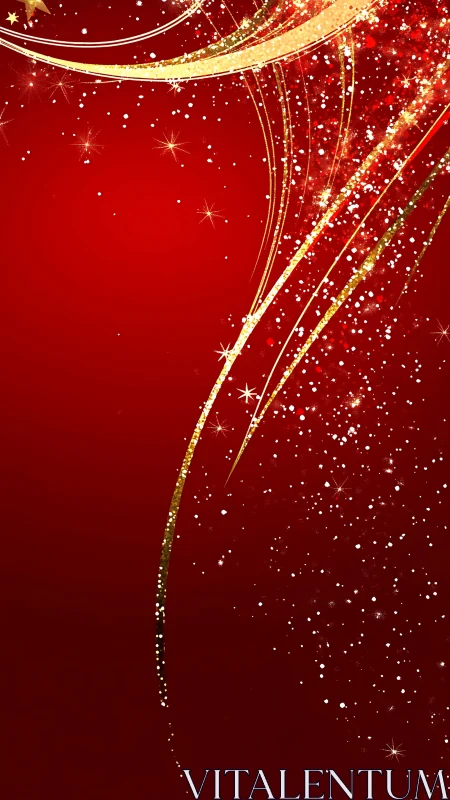 Red gradient background shows curved golden glitter streaks