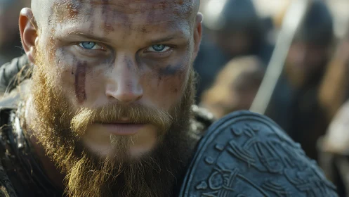 Battle-hardened Viking warrior with blue eyes and shield.