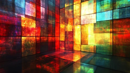 Abstract stained glass room with vibrant geometric color patterns.