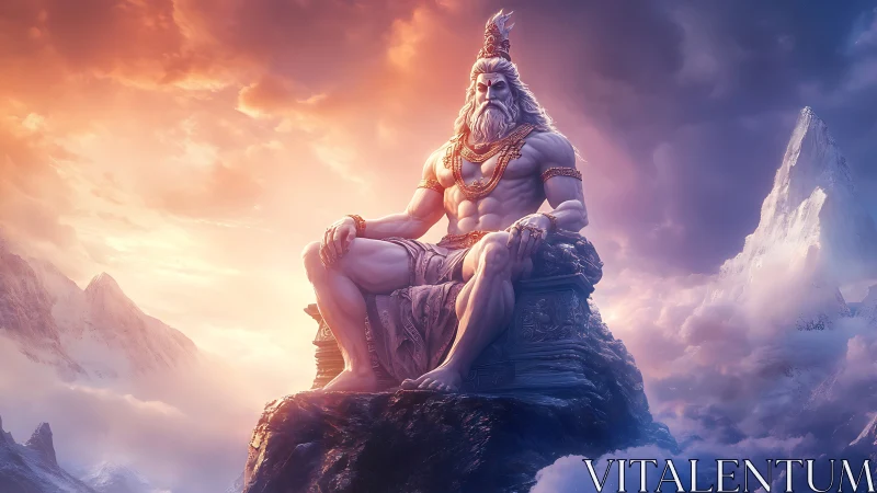 Mythic sky-lit deity seated on carved stone throne in clouds