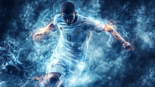 Dynamic soccer player rendered with energy flares and motion trails