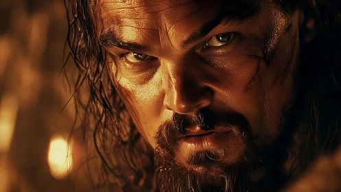 Fierce bearded warrior locks eyes with an unflinching stare