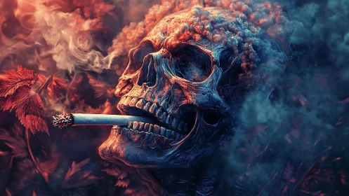Smoldering skull with cigarette amid infernal drifting smoke.