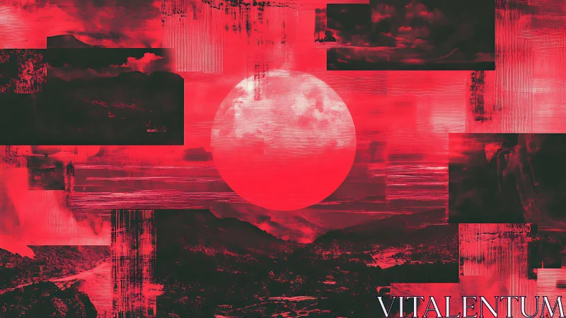 Red lunar horizon over glitch-fragmented mountainous landscape
