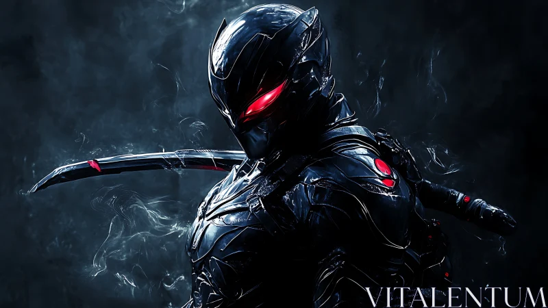 Tactical cybernetic swordsman with emissive ocular armor profile.