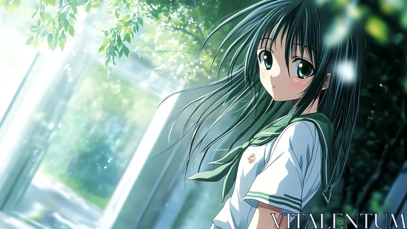 Soft sunlight follows a shy schoolgirl in a quiet green lane