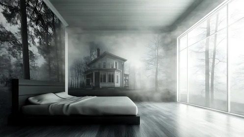 Dreamy forest bedroom opening onto a misty country house.