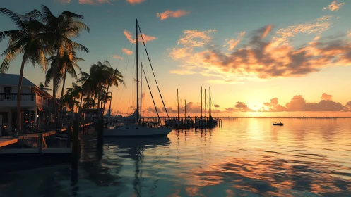 Marina waterfront with sailboats at calm coastal sunset.