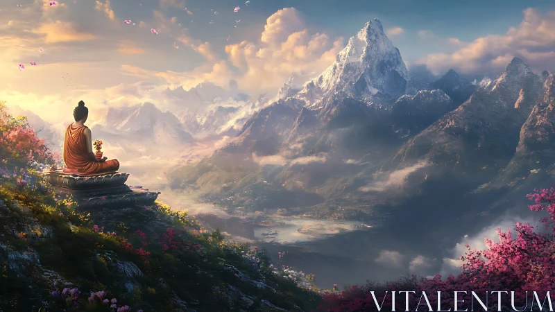Monk meditates above luminous valley beneath towering peak.