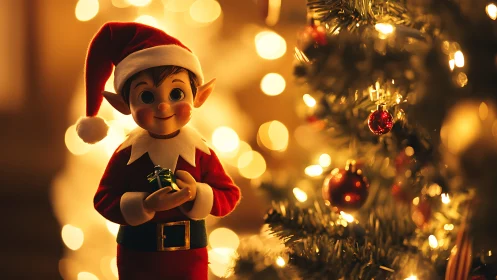 Smiling Christmas elf doll glows beside sparkling tree lights.