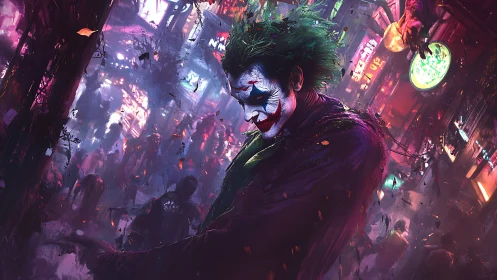 Neon-clad clown figure in chaotic cyberpunk alleyway panorama.