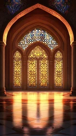 Stained glass arches illuminate patterned stone interior floor