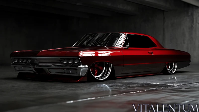 Sleek red lowrider coupe glowing in a moody urban garage.