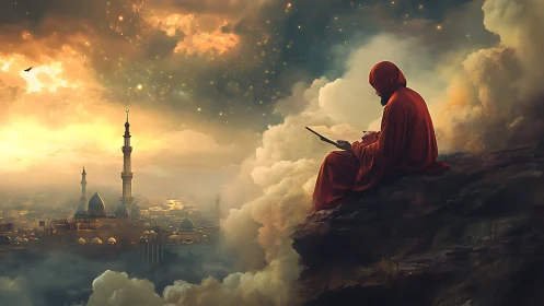 Solitary reader embraces quiet wisdom above a glowing city