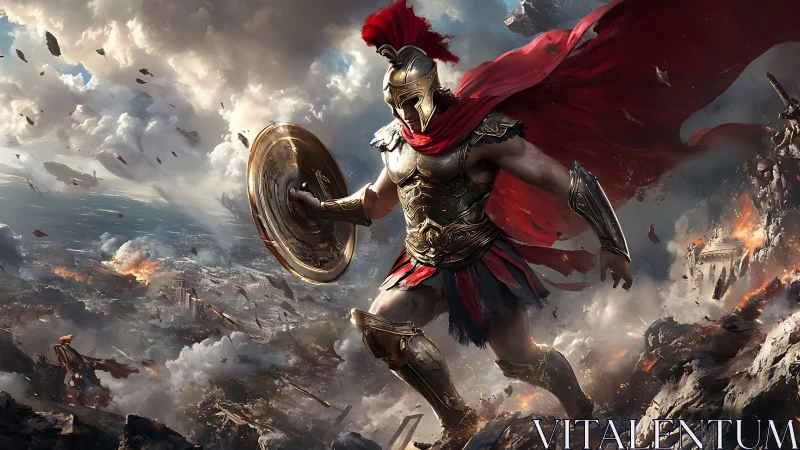 Storm-wreathed bronze warrior strides across crumbling empire.