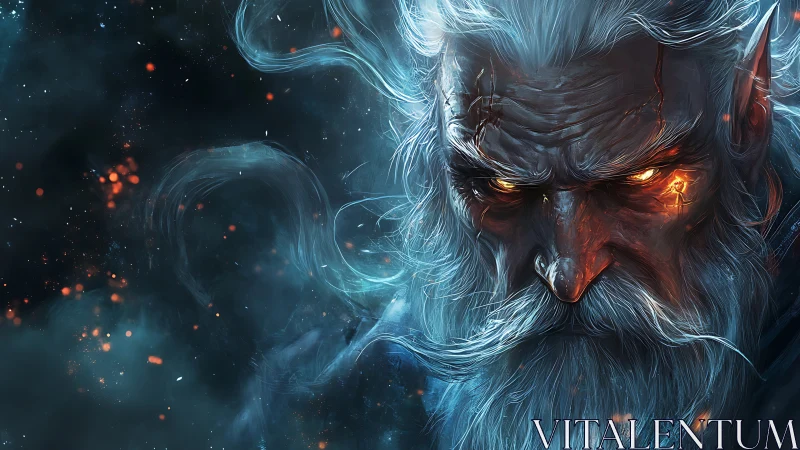 Elderly male figure with glowing eyes in blue smoke field.