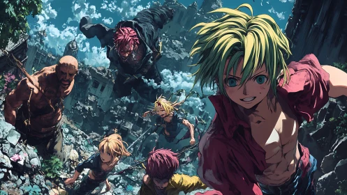 Dynamic anime squad charging through ruined cliffside city