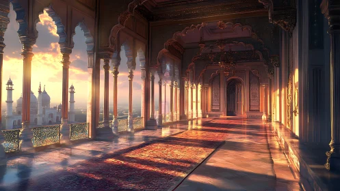 Sunlit palace corridor drifts between marble, sky and silence