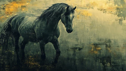 Dark stallion strides through abstract golden misted field