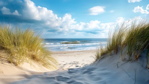 Sunlit sand dunes frame a tranquil blue ocean horizon.