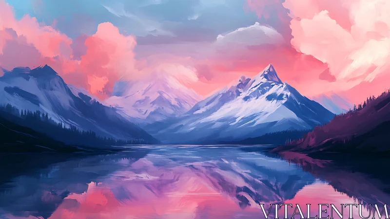 Pink twilight clouds crown snowy peaks above still lake.