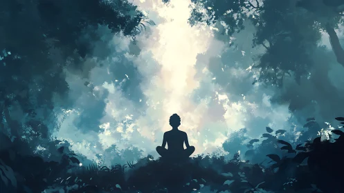Silhouette of meditative figure under diffuse forest skylight