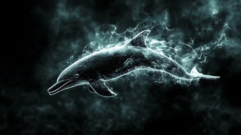 Holographic wireframe dolphin in ethereal digital nebula.