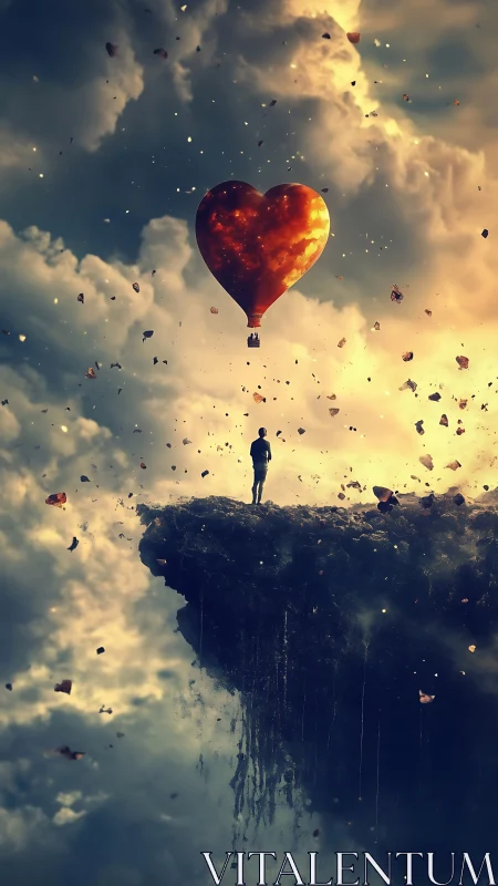 Solitary figure observing heart-shaped balloon over cliff