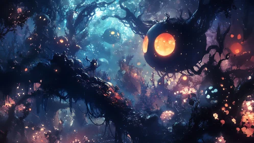 Bioluminescent forest with floating orb entities glows eerily