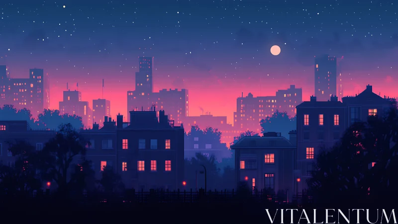 City skyline at dusk with glowing windows and full moon.