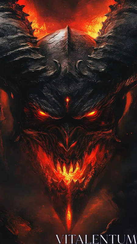 Volumetric-lit demonic visage with charred armor and molten core