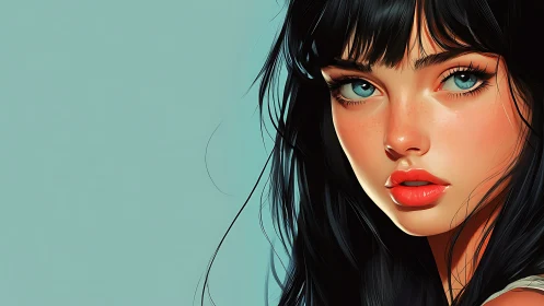 Striking teal-eyed portrait contrasts against soft mint backdrop.