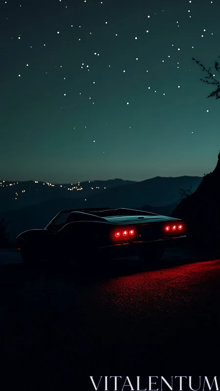 Stargazing muscle car beneath glowing night skyline.
