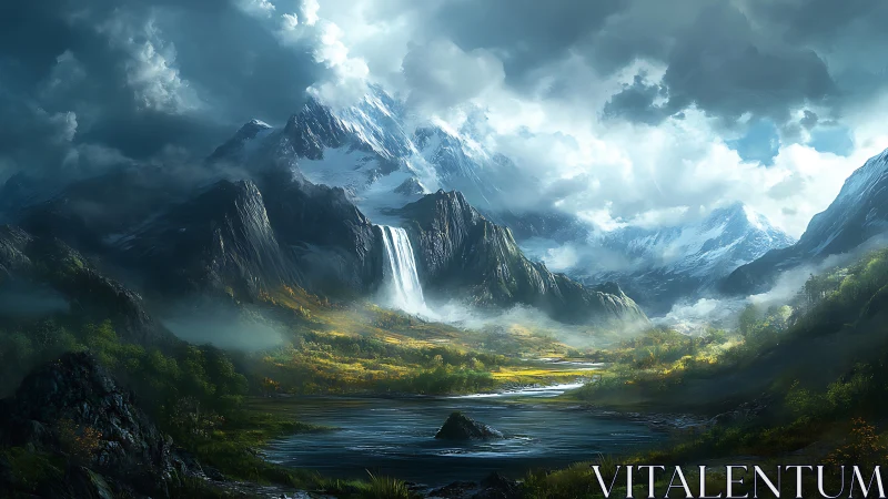 Dramatic mountain valley with waterfall and dark clouds.