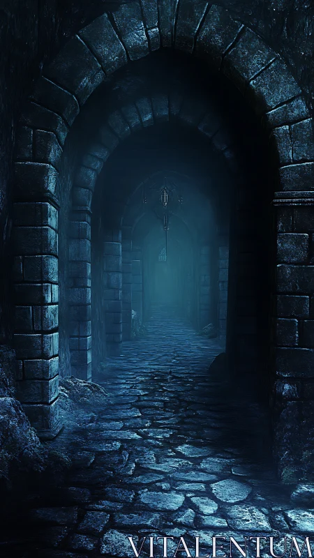 Subterranean stone corridor with receding gothic arches, torchlit