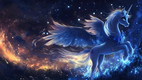 Starlit winged unicorn dancing through a glowing night sky.