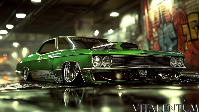 Low-slung turbo muscle car in reflective neon tunnel environment.