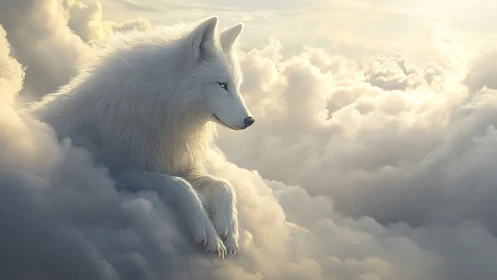 Ethereal white wolf in luminous cloudscape, digital painting.