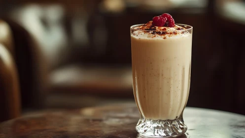 Creamy Beverage with Raspberry Garnish Against Dark Setting.