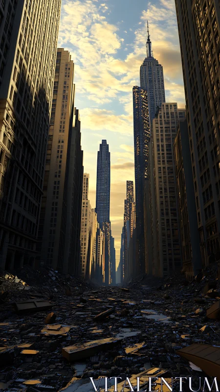 Golden light over a quiet, ruined city street at dusk.