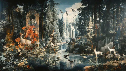 Mythic forest river with unicorns, ruins, bright fauna.