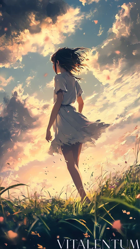 Atmospheric backlit girl on hill in dynamic sky study.