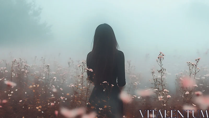 Mist-draped girl listens to wildflowers whisper their secrets