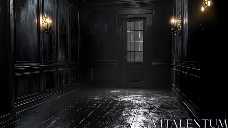 Dark paneled hallway terminates at closed multi-pane door